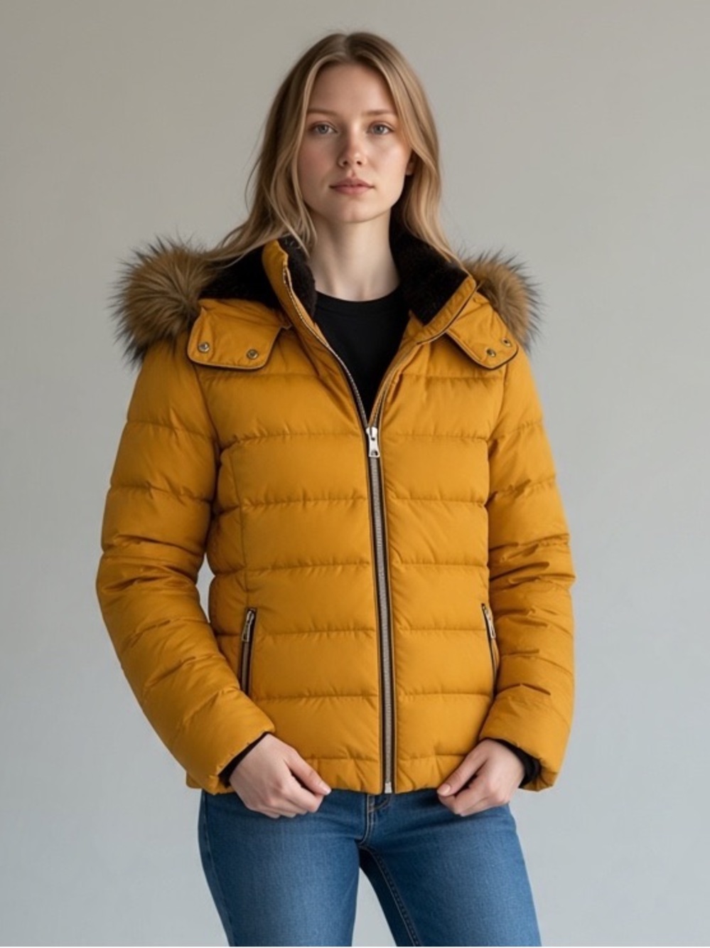 Zara Mustard Gold Yellow Quilted Faux FurHooded Puffer Jacket with Faux-Fur Trim